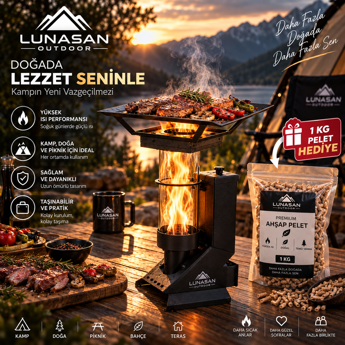 Cam Hazneli Pelet Sobası & Kamp Ocağı – Pişirme Tablalı | 1 KG Pelet Hediye