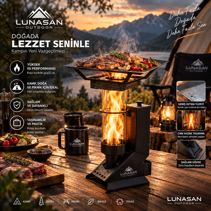Cam Hazneli Pelet Sobası & Kamp Ocağı – Pişirme Tablalı | 1 KG Pelet Hediye