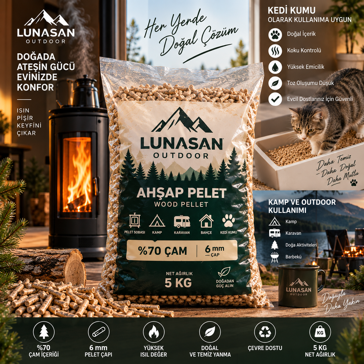 Lunasan Outdoor 5 KG Ahşap Pelet – %70 Çam 6 mm | Soba, Kamp & Kedi Kumu Kullanımına Uygun